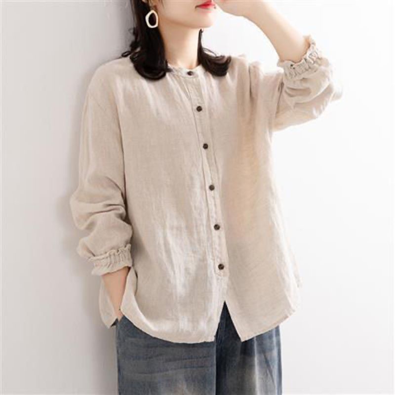Artistic Retro Spring and Autumn Cotton Linen Shirt Women's Loose Round Neck Shirt Jacket Casual Jacket Neck Sleeve Top Women
