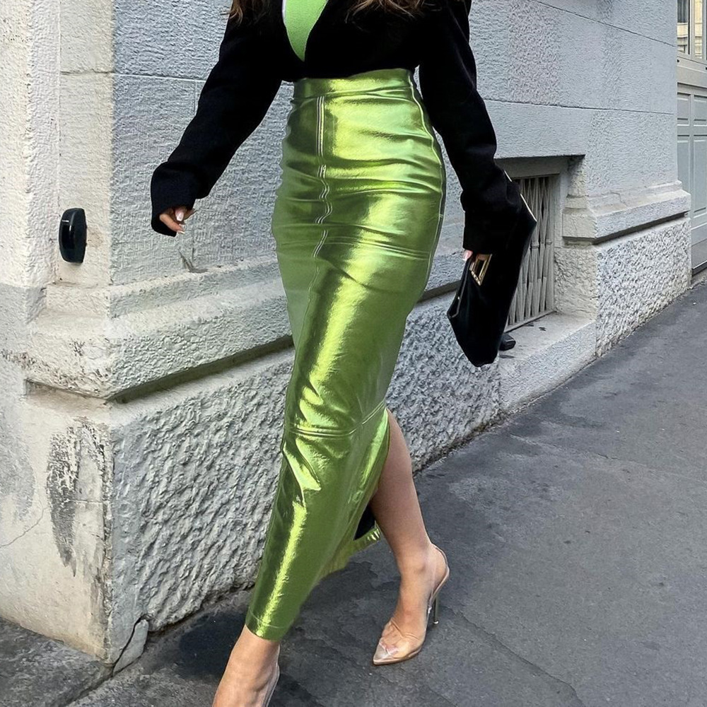 Mid Waist Waist Line Micro-Elastic Elasticity Summer Sexy Solid Color Pu Polyester Maxi Long Dress Skirts