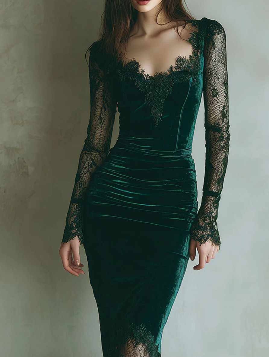 2026 European and American Women's Fashion: French-style Sexy Lace Patchwork Slimming Bodycon Dress for Amazon