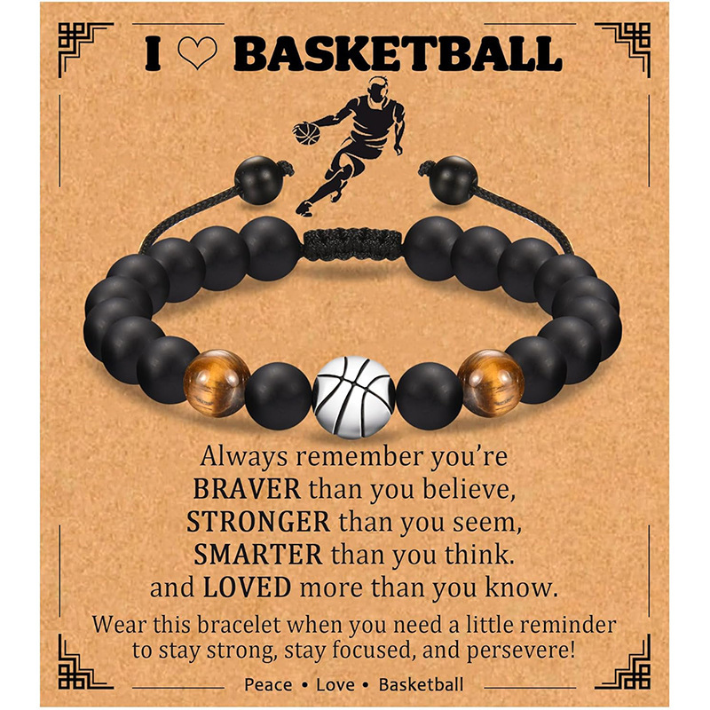 2024 European and American Cross-border Football Basketball Baseball Bracelet Sports Ball Bracelet Woven Tiger Eye Rugby Bracelet for Men
