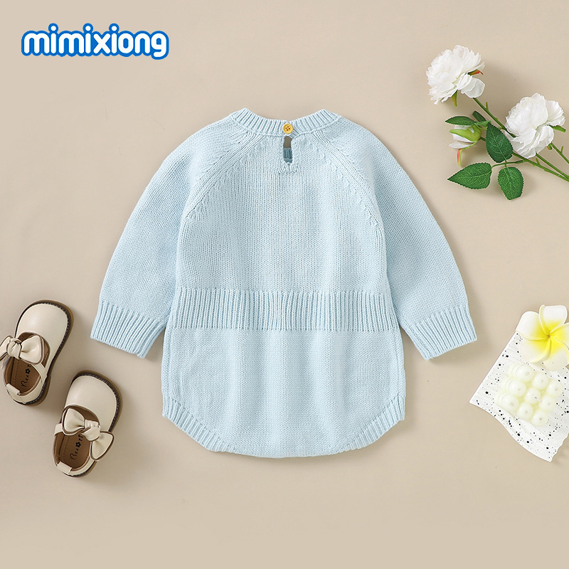 ins热卖春秋季新款女宝宝针织花朵连体套头三角哈衣爬服|undefined