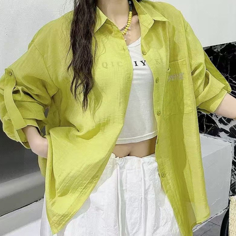 2026 Summer New Niche Trendy Fashion Thin Rhinestone Letter Sun-Protective Drapey Casual Versatile Shirt 2026 Summer New Niche Trendy Fashion Thin Rhinestone Letter Sun-Protective Drapey Casual Versatile Shirt