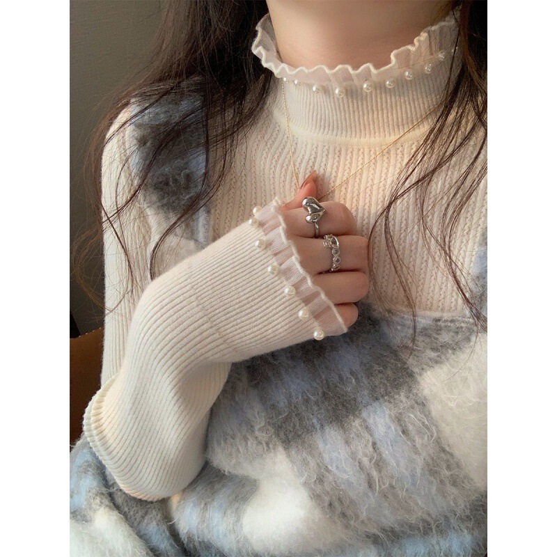 New Chinese style Pearl half turtleneck sweater autumn and winter design slim-fit lace bottoming shirt Women's inner knitted long sleeve