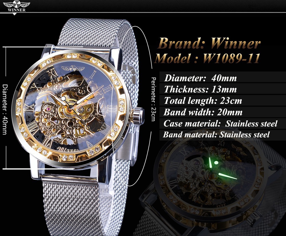 Men's Skeleton Mechanical Watch With Rhinestone Mesh Strap_voghion.com