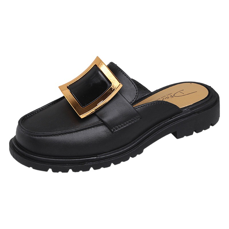 Nuevas medias zapatillas de mujer desgaste exterior perezoso medio soporte hebilla cuadrada punta cerrada slip-on plataforma casual Sandalias planas al por mayor
