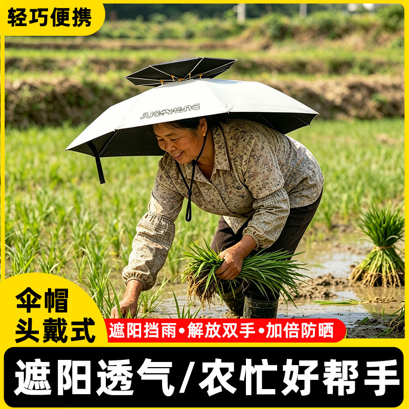 Umbrella hat for outdoor use, portable fishing sunshade, tea-picking and farm work umbrella hat, sun protection, foldable overhead umbrella