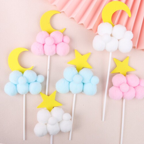 Star, Moon, Wool Ball, Cloud, Cake Decoration, Stacking Sphere, Colorful, Baking, Dessert, Party, Decoration, Insert Sign