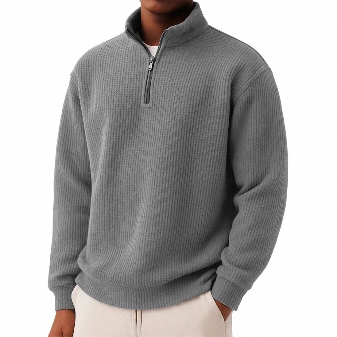 Herren Polo Pullover Mit Reißverschluss Herbst Winter Einfarbig_voghion.com