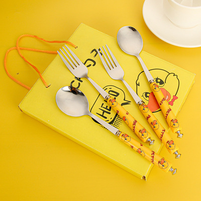children Stainless steel spoon Fork lovely Cartoon tableware suit Plastic Handle train Fork spoon Gift box wholesale