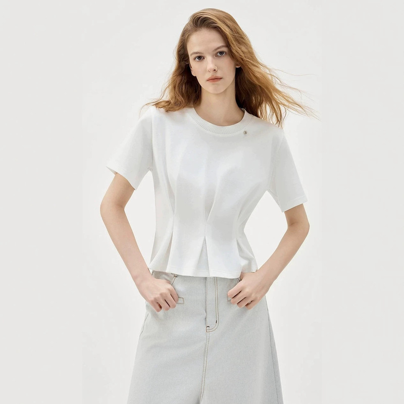 Elle French-Style High-End Pleated Round-Neck Short-Sleeve Women's 2026 Summer New Loose Casual Commuting T-Shirt Top Elle French-Style High-End Pleated Round-Neck Short-Sleeve Women's 2026 Summer New Loose Casual Commuting T-Shirt Top