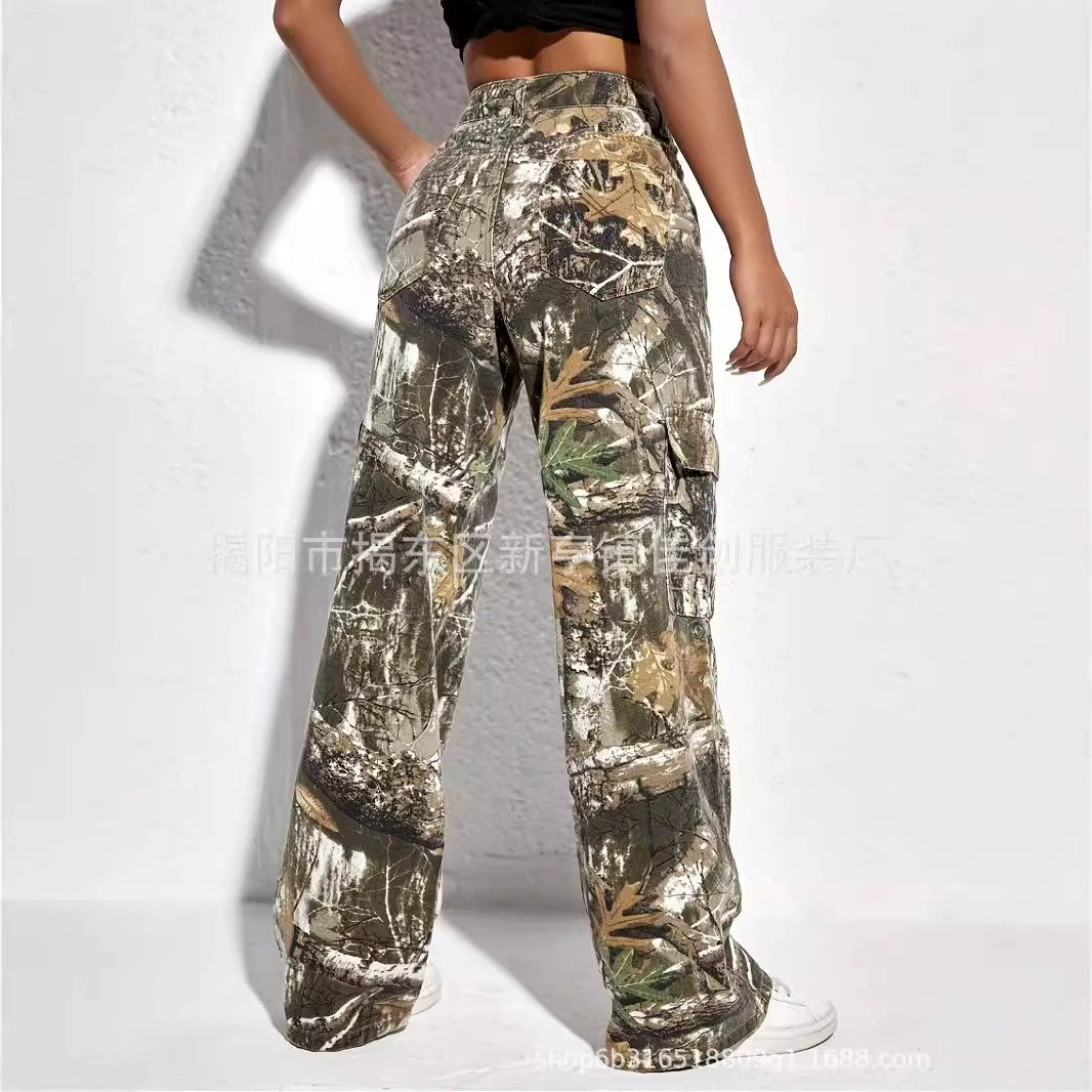 Трансграничные новые американские уличные карманы свободные прямые джинсы персонализированный принт камуфляжные штаны для мытья пола