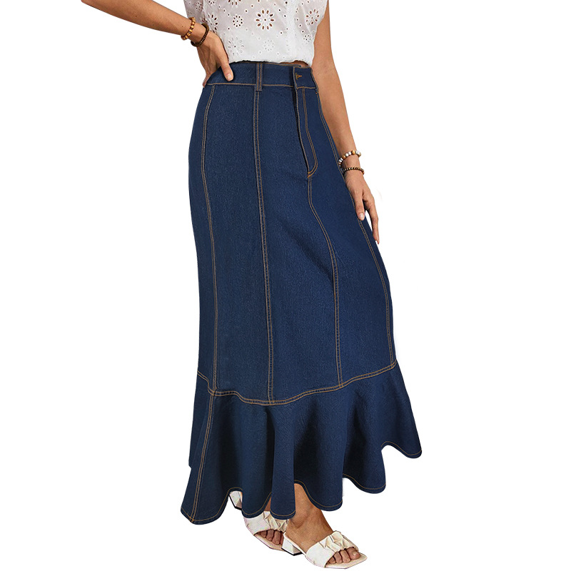Women's Button-Down Denim Mermaid Skirt, Stretchy Washed Denim Maxi Skirt With Flared Hem, Elegant Tailored Fit_ecoleips.com