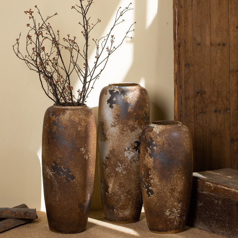 Jingdezhen Ceramic Floor-Standing Large Vase, Vintage Distressed Rustic Pottery Ornament, Living Room Dried Flower Arrangement, Garden Homestay Decoration Jingdezhen Ceramic Floor-Standing Large Vase, Vintage Distressed Rustic Pottery Ornament, Living Room Dried Flower Arrangement, Garden Homestay Decoration