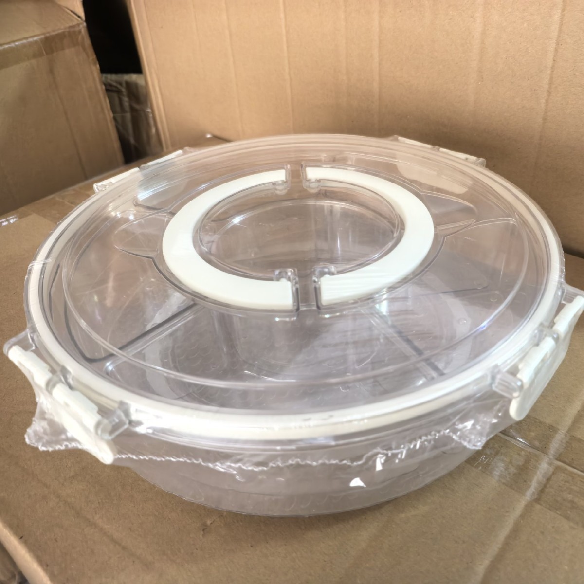 Caja de Almacenamiento Giratoria de 6 Compartimentos de Plástico Sellada con Asa para Refrigerador