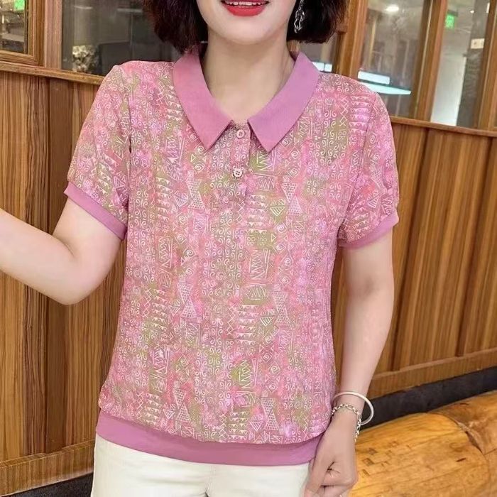 2025 Summer Middle-Aged and Elderly Fashionable Mother's Clothing Symbol Simple and Versatile Jacquard Loose Doll Collar Short-Sleeved T-Shirt