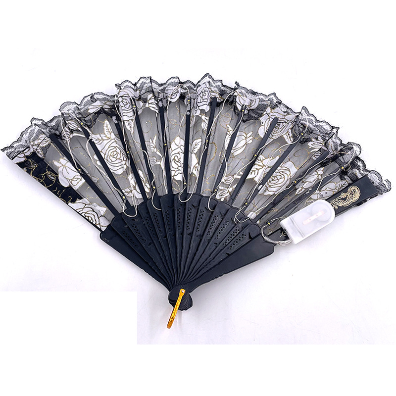 #593-2 7寸-6V双功能-发光玫瑰蕾丝扇黑底暖白色