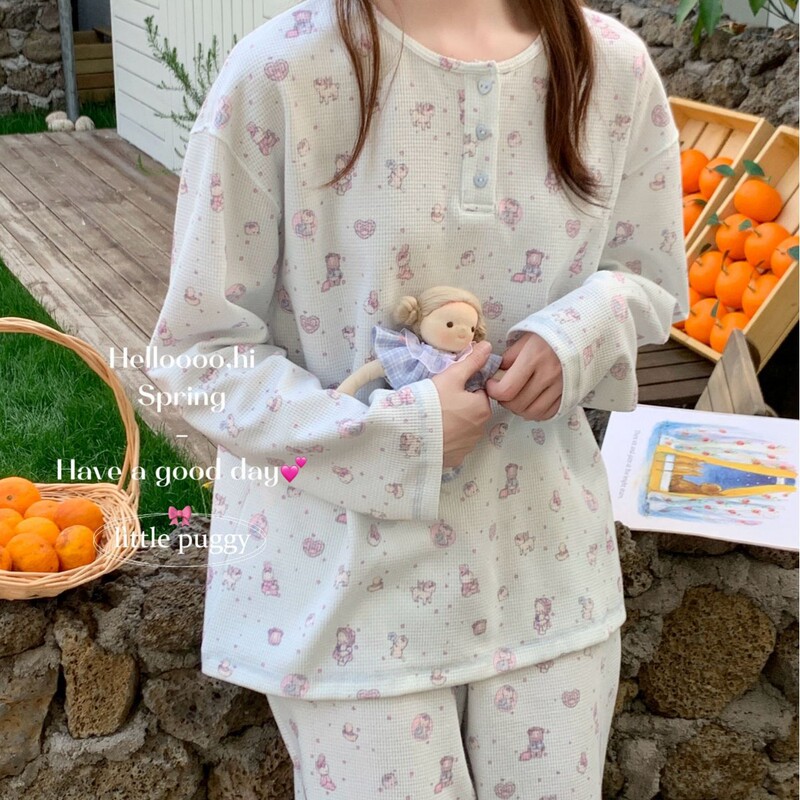 little puggy new knitted cotton waffle base set simple casual cartoon bear loungewear