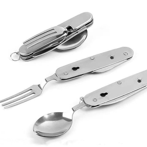 All-in-one portable folding storage stainless steel cutlery, forks and spoons, outdoor multi-purpose camping tableware, creative picnic tools