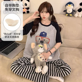 带胸垫睡衣女款夏季套头圆领卡通新款可爱短袖长裤外穿家居服套装