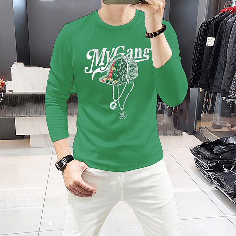 2024 Spring Autumn New Men's Long Sleeve T-Shirts Luxury Round Neck Shirts Hat Rhinestone European Men's Tops Slim Fit Trendy Shirts Men_voghion.com