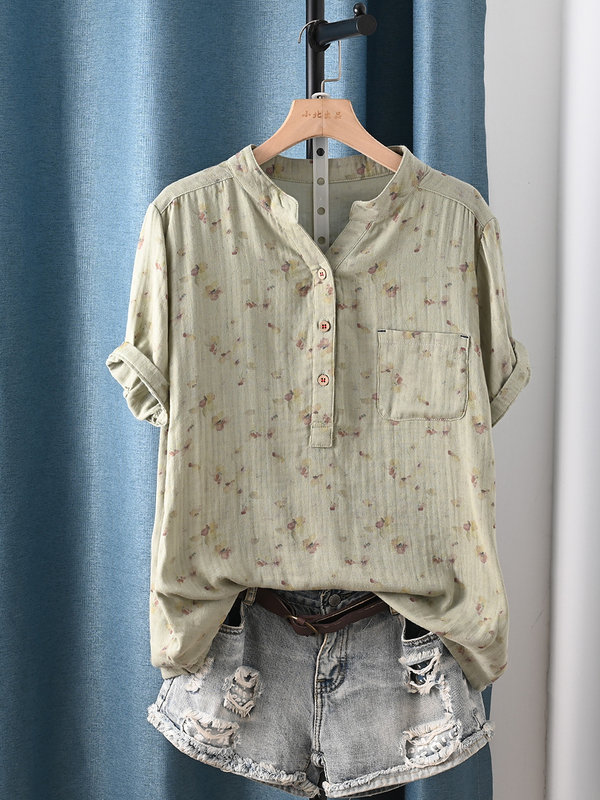 Pure Cotton Double-Layer Gauze Slimming V-Neck Printed Short-Sleeve Shirt 2026 Summer New Loose Casual Top Pure Cotton Double-Layer Gauze Slimming V-Neck Printed Short-Sleeve Shirt 2026 Summer New Loose Casual Top