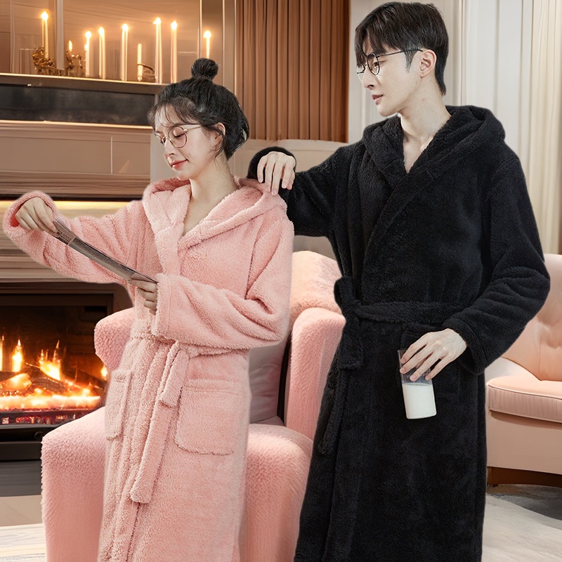 Daifa coral fleece couple pajamas nightgown women's homewear hooded men's winter thickened long flannel suit
