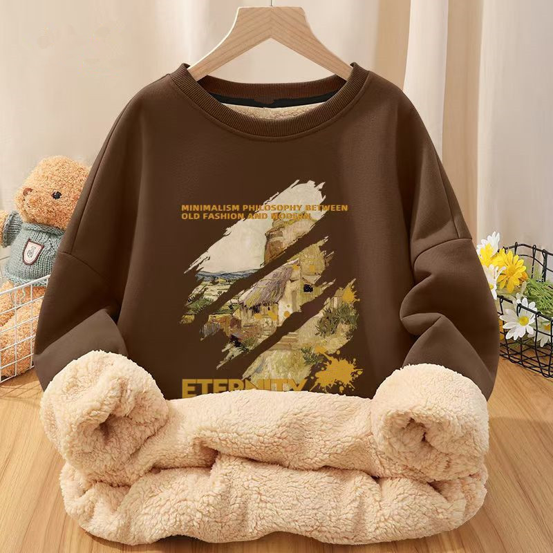 American Retro Trendy Brand Lamb Fleece Thickened Crew Neck Sweatshirt for Men, Winter Heavyweight Warm Top 12