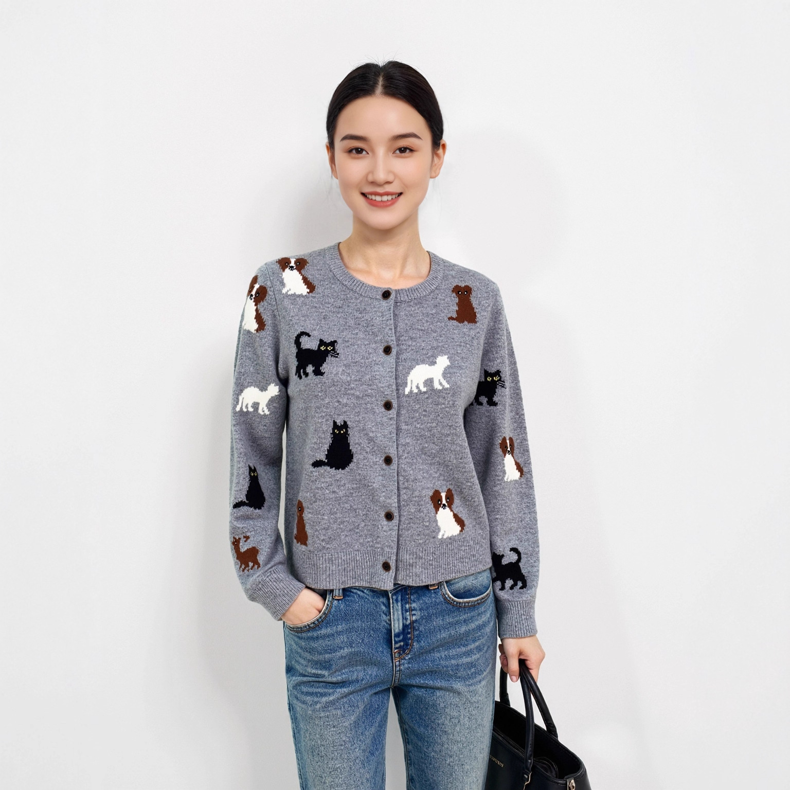 气质减龄可爱小狗提花针织开衫女早秋新款慵懒风显瘦百搭圆领上衣