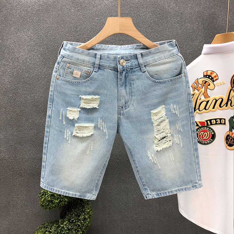 Men's Loose Fit Color Block Embroidered Denim Shorts Casual Retro American Style Trendy Five Point Summer Pants_mkmklike.com