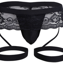情趣内裤男士性感诱惑男内裤蕾丝透明绑腿性感骚开裆免脱丁裤