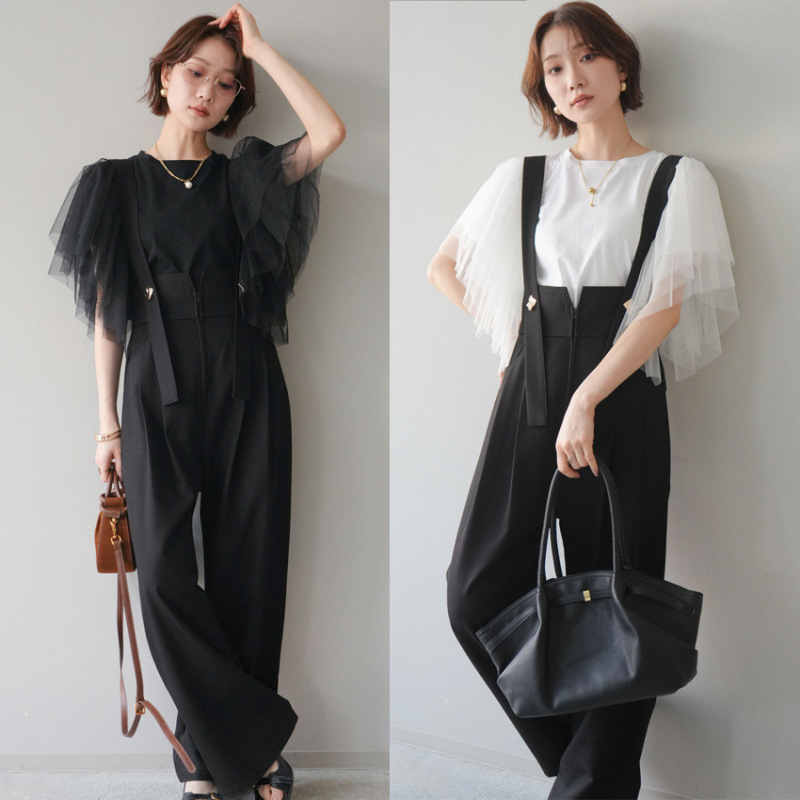 Summer New Style Puffy Sleeve Cotton T-Shirt Black Vest Jumpsuit Two-Piece Set Women's Fashion Outfit
