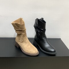 厚底V口显瘦中筒靴女鞋2025春秋季单靴西部牛仔堆堆短靴马丁靴子