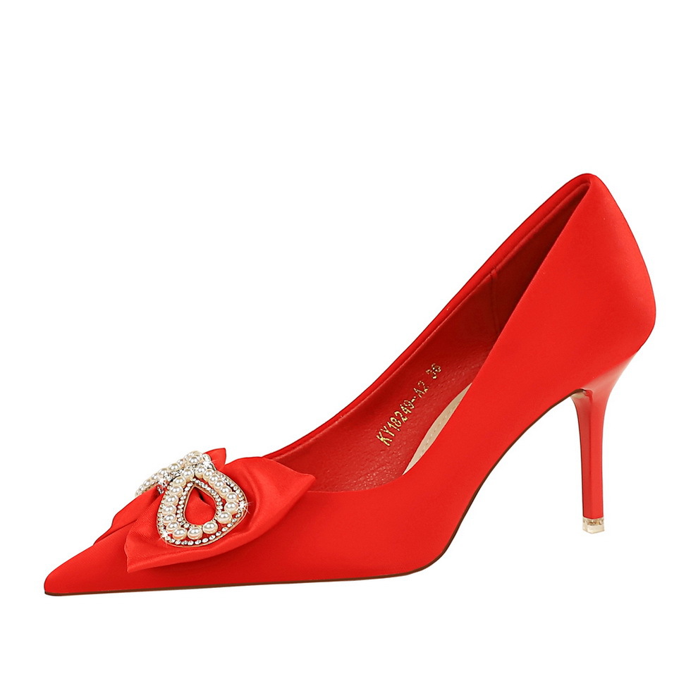 18249-AH28 Banquet Women's Shoes High Heels, Thin Heels, Satin, Shallow Mouth, Sharp Point, Water Diamond, Pearl Bow, Single Shoes for Women