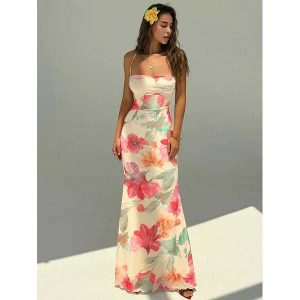 Women's Backless Strappy Waist-Cinching Slim-Fit Fishtail Long Dress, Sexy Outfit for Summer Vacation and Date Nights