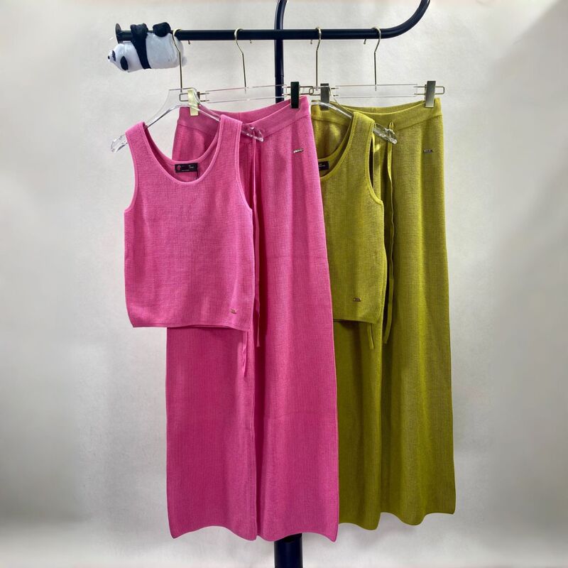 Summer New Product Lp Waffle Knit Sleeveless Vest + Drapey Long Pants Casual Two-Piece Set for Women Cross-Border E-Commerce