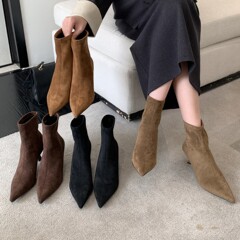 高跟尖头棕色绒面瘦瘦靴短靴女鞋2025新款秋冬季加绒法式小踝靴子