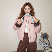 复古简约皮衣粉色外套机车新款2025宽松遮肉显瘦撞色上衣休闲夹克
