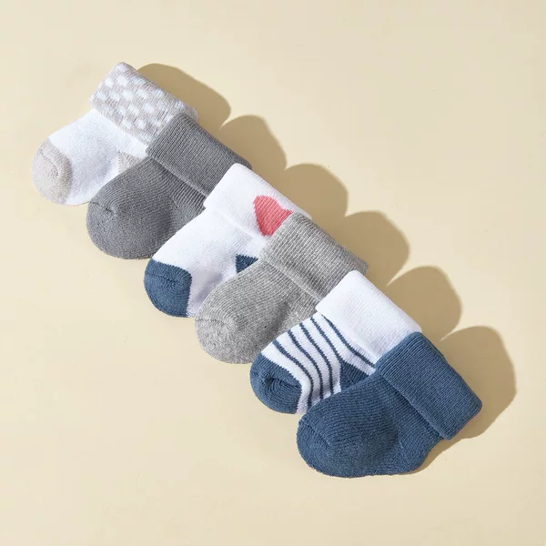Cross-Border Exclusive Supply of 6 Pairs of Autumn and Winter Blue Striped Baby Socks, Cute Newborn Terry Home Warm Socks