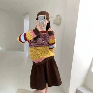 韩系复古风彩虹条纹拼色圆领套头毛衣秋冬新款女装撞色内搭针织衫