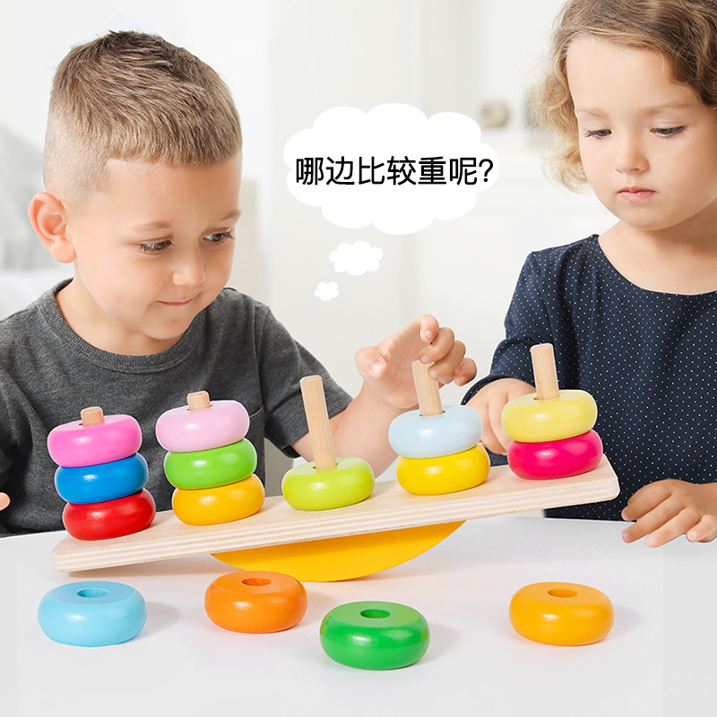 Número de madera cuentas anillo de la educación temprana para niños pequeños iluminación rompecabezas torre arco iris apilar juguetes de reducción de estrés interactivo ocio