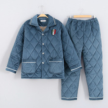 男士法兰绒三层夹棉睡衣加厚加绒冬季款珊瑚绒加肥加大家居服套装