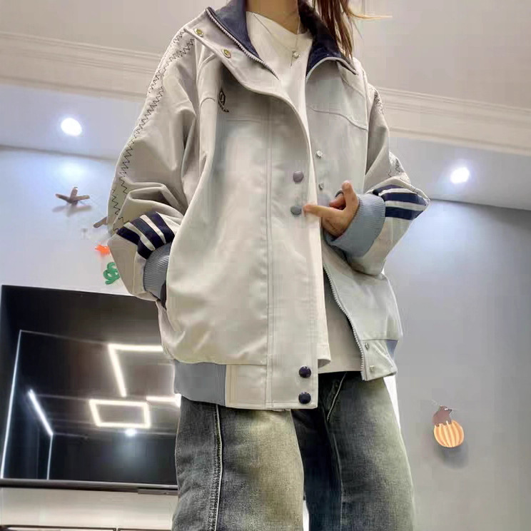 国潮美式复古三条杠撞色外套女2025秋冬季宽松休闲百搭夹克棒球服