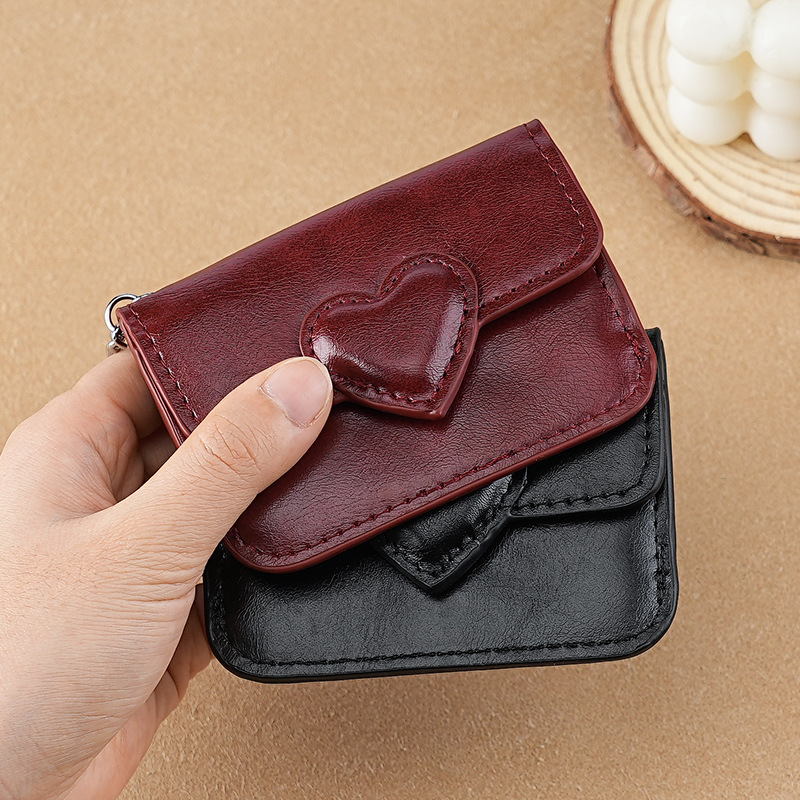 Creative Real Soft Leather Flip Cover Detachable Card Holder Women's Cowhide Texture Heart Buckle Bank Card Storage Document Bag