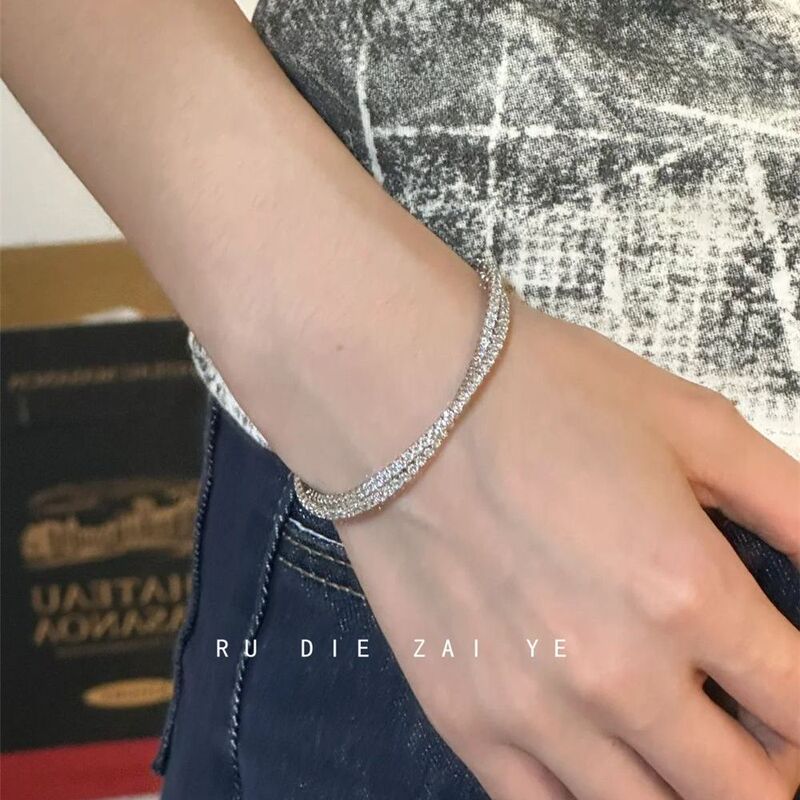 Kuning Cool Full Diamond Cross Double-Layer Bracelet Niche Design Sparkling Zircon Accessible Luxury Versatile Bracelet for Women