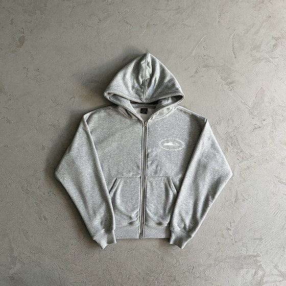 Corteiz American Street Hip Hop Printed Grey fleece-lined Zipper Cardigan Hoodie Men's Fashionable suit Jacket