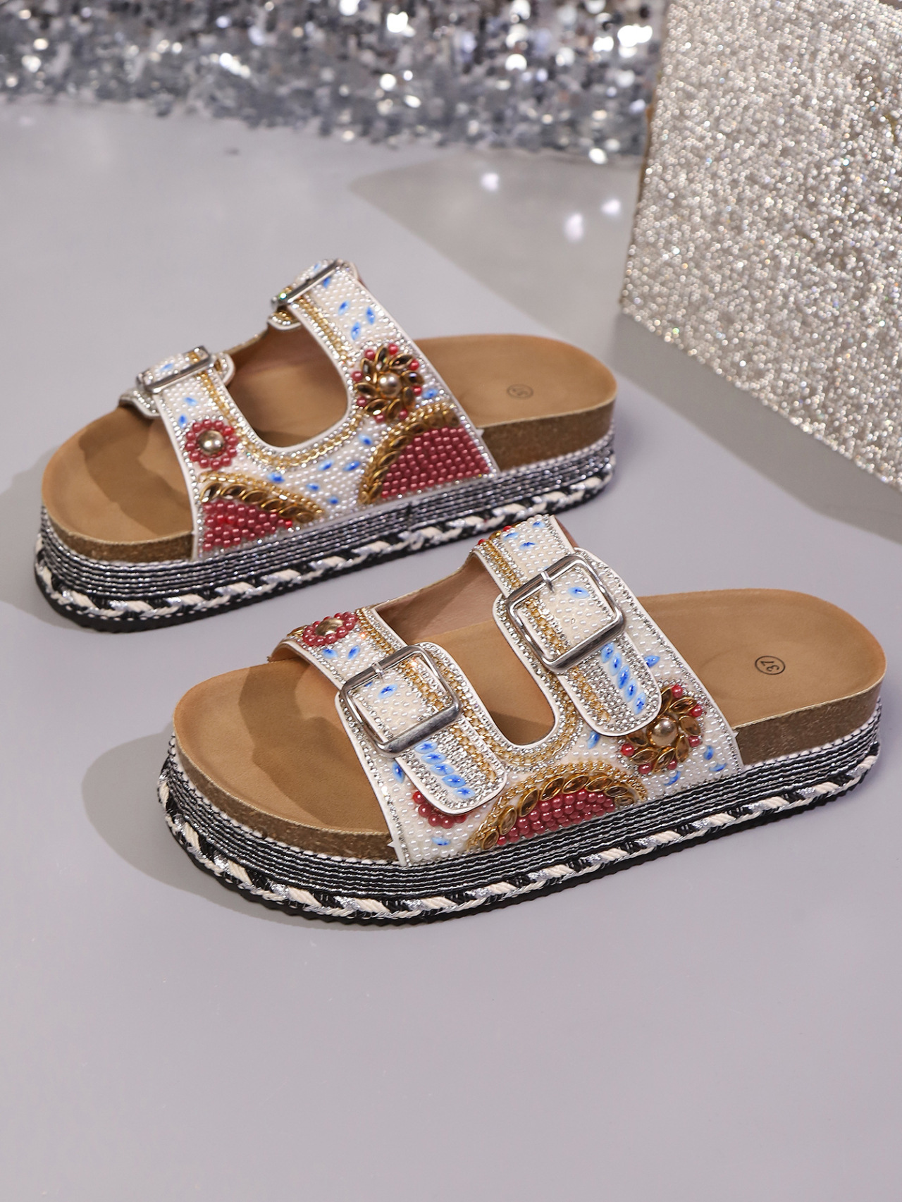 Sandale platformă damă cu strass și catarame pentru plajă_voghion.com