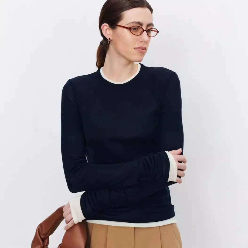 JOC в том же стиле, осень 25, новая шерсть, популярная искусственная двухсекционная футболка с цветными блоками, защита от солнца, длинные рукава, воздушная футболка, шерстяной вязаный топ для женщин