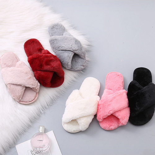 Cross-border large size 44-45 women's fluffy slippers 2024 autumn winter new flat home indoor crossed plush cotton slippers
