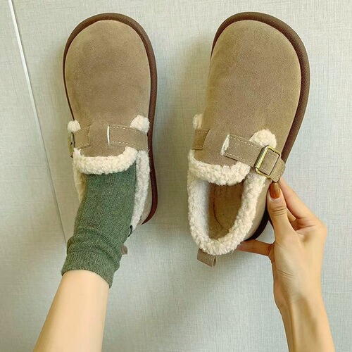 Wool-lined warm retro flat fuzzy shoes for women, outdoor wear casual shoes for autumn and winter, soft bottom comfortable moccasin shoes