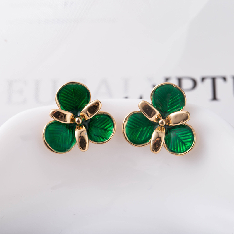 Korea New Emerald Drop Oil Petal Earrings display picture 3